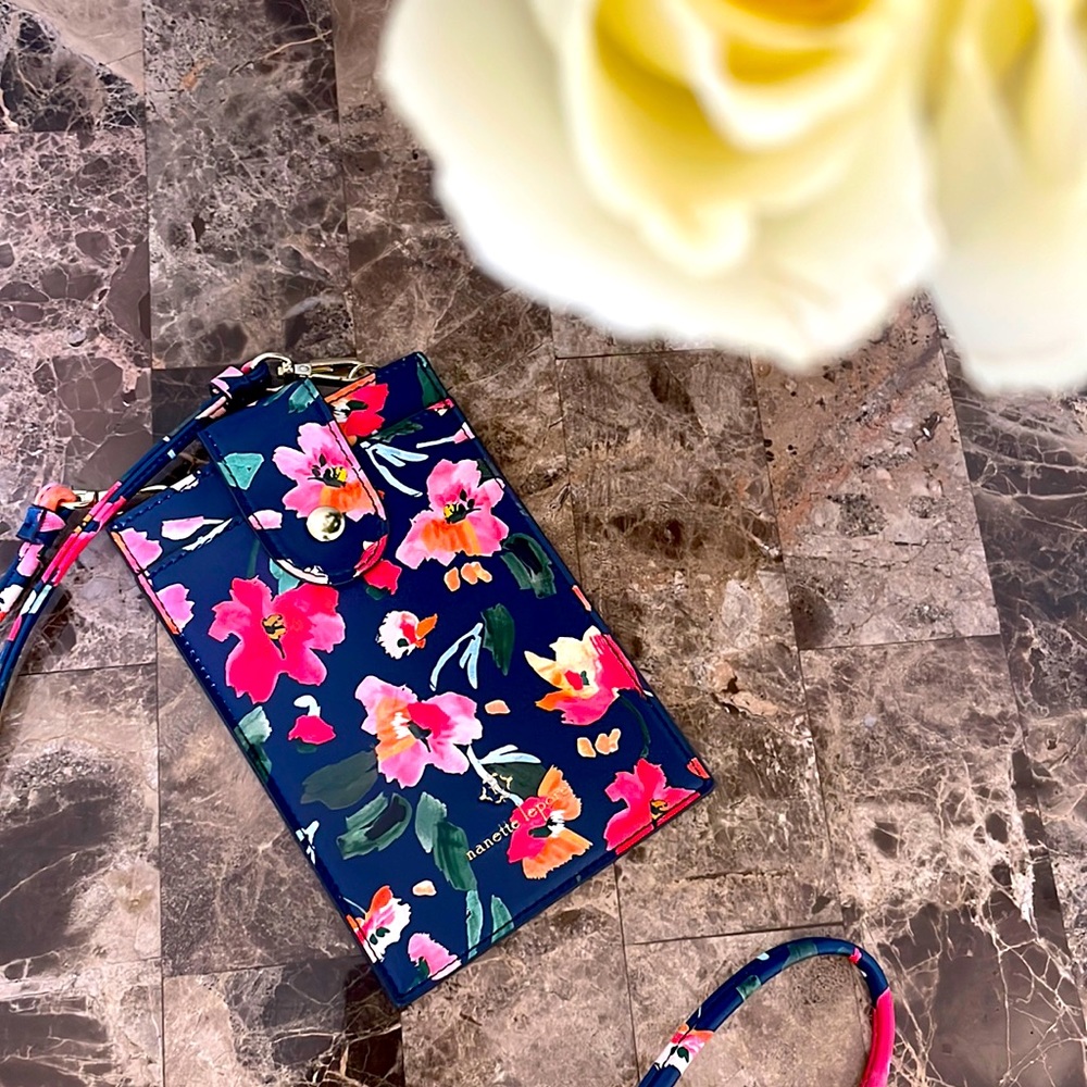 Floral phone case, micro bag, Nanette Lepore, navy, flowers